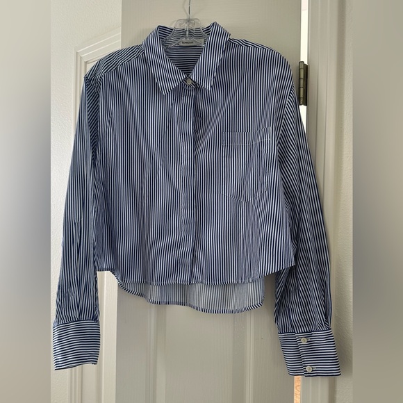 Simkhai Blue and White Striped Button-Up Shirt L - Picture 2 of 5